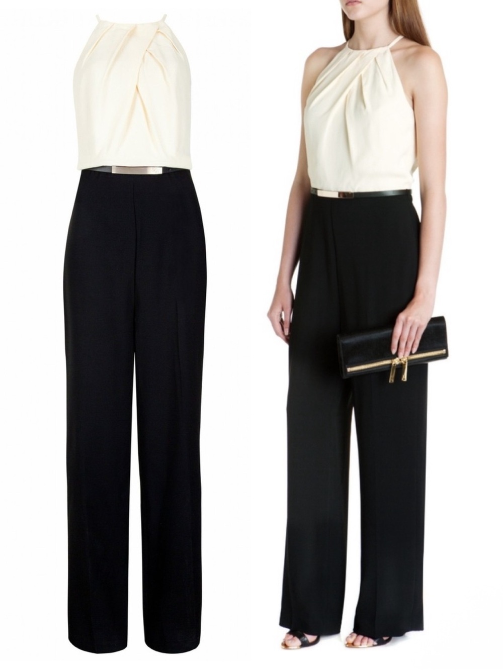 NWT Ted Baker Annaa Deep Front Fold Textured Bodice Jumpsuit Cream Black Size 6